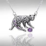 A Fanciful Feline ~ Celtic Knotwork Cat Sterling Silver Necklace with Gemstones TNC042