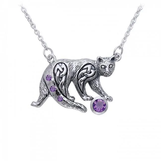 A Fanciful Feline ~ Celtic Knotwork Cat Sterling Silver Necklace with Gemstones TNC042