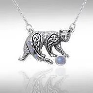 A Fanciful Feline ~ Celtic Knotwork Cat Sterling Silver Necklace with Gemstones TNC042