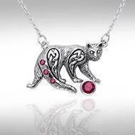 A Fanciful Feline ~ Celtic Knotwork Cat Sterling Silver Necklace with Gemstones TNC042