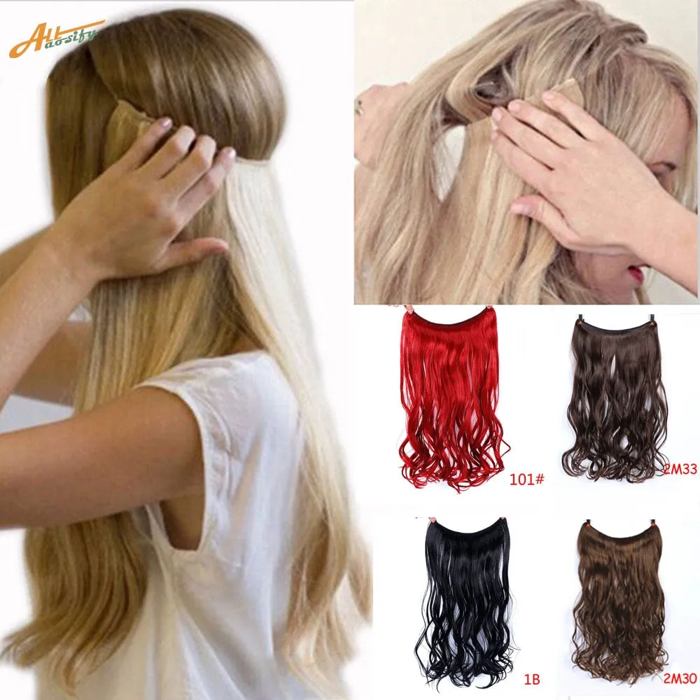 Allaosify 24" Invisible Wire No Clips In Hair Extensions Secret Fish Line Hairpieces Synthetic Straight Wavy Hair Extensions