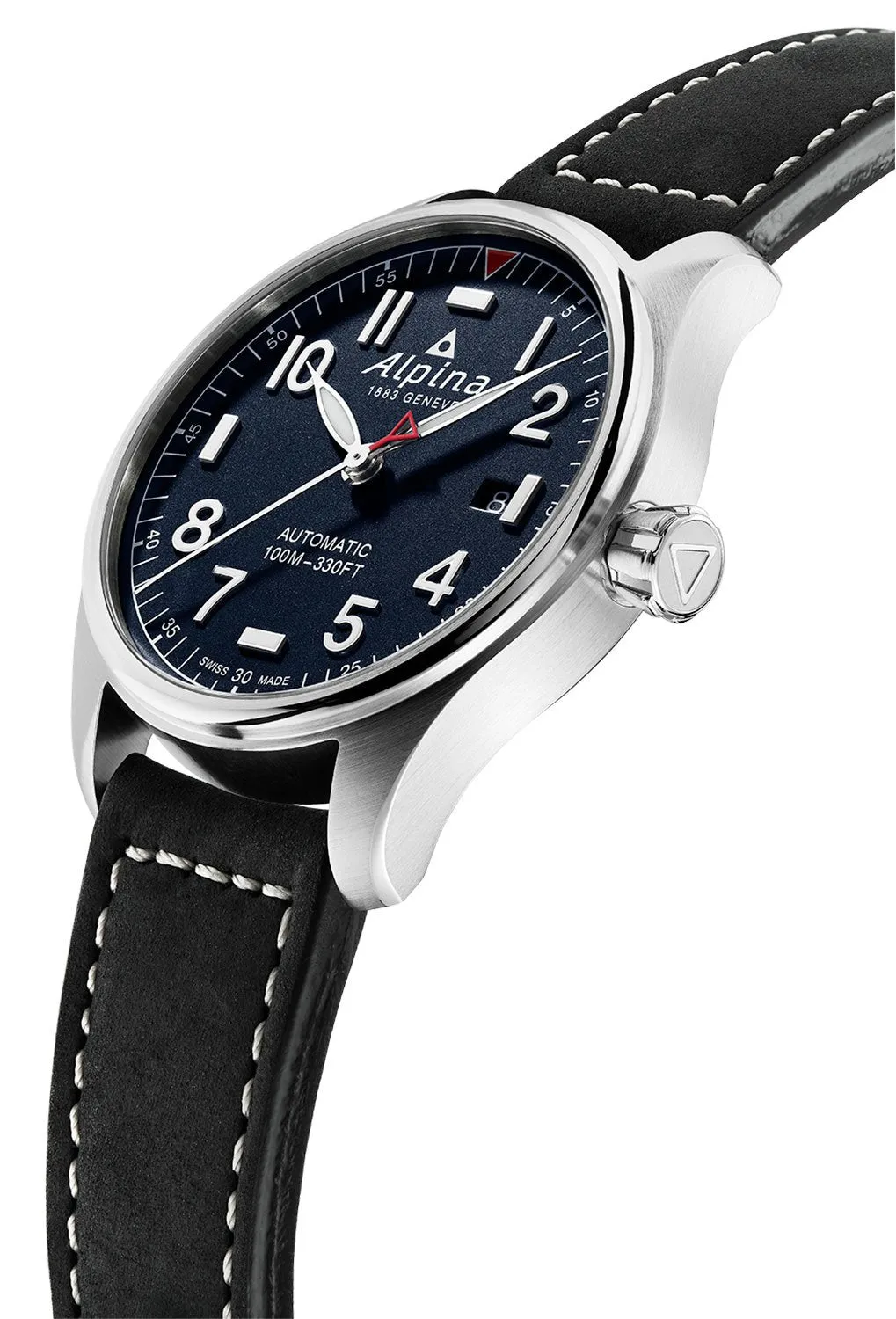 Alpina Startimer Pilot Automatic Stainless Steel Black Leather Strap Blue Dial Date Mens Watch AL-525NN4S6