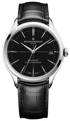 Baume & Mercier Clifton Baumatic COSC Automatic Black Dial Black Leather Strap Date Mens Watch M0A10692