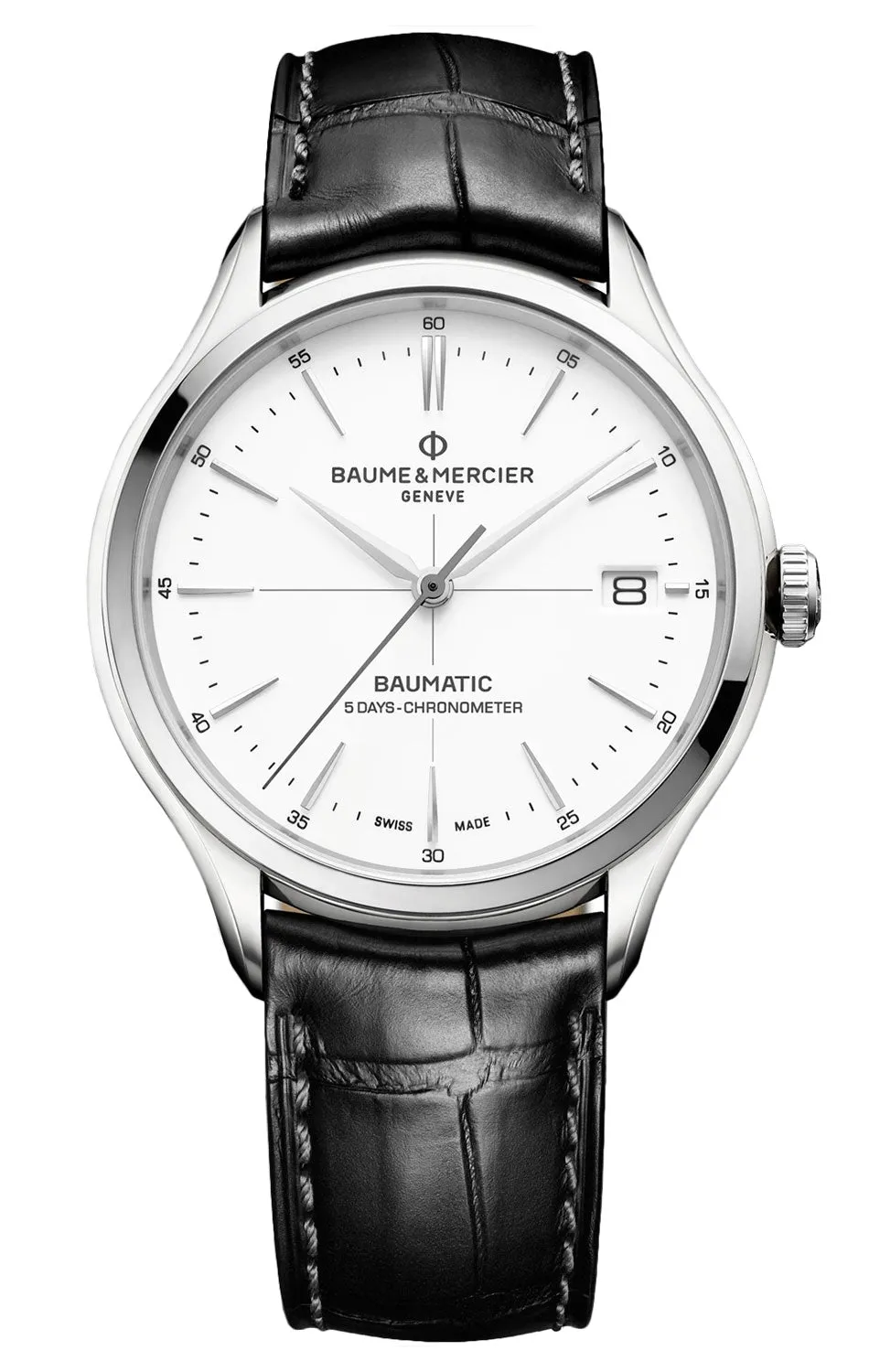 Baume & Mercier Clifton Baumatic COSC Automatic White Dial Black Leather Strap Date Mens Watch M0A10518