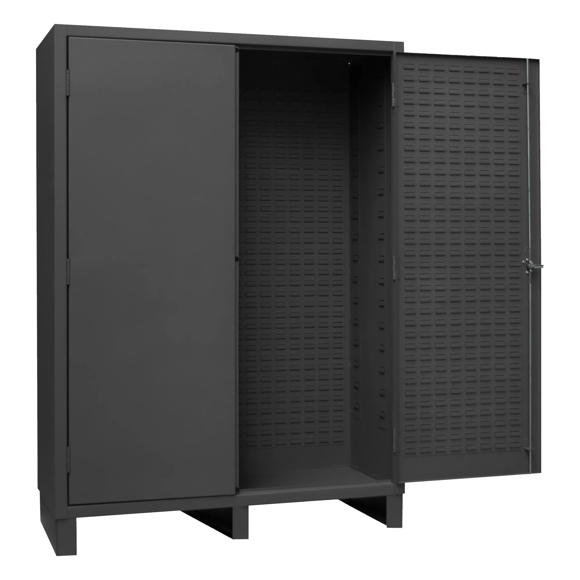 Durham Heavy Duty Cabinet, 14 Gauge, 60 x 24 x 84, Flush Doors with Louvered Panel, Cast Iron Pad-lockable Handle, Gray