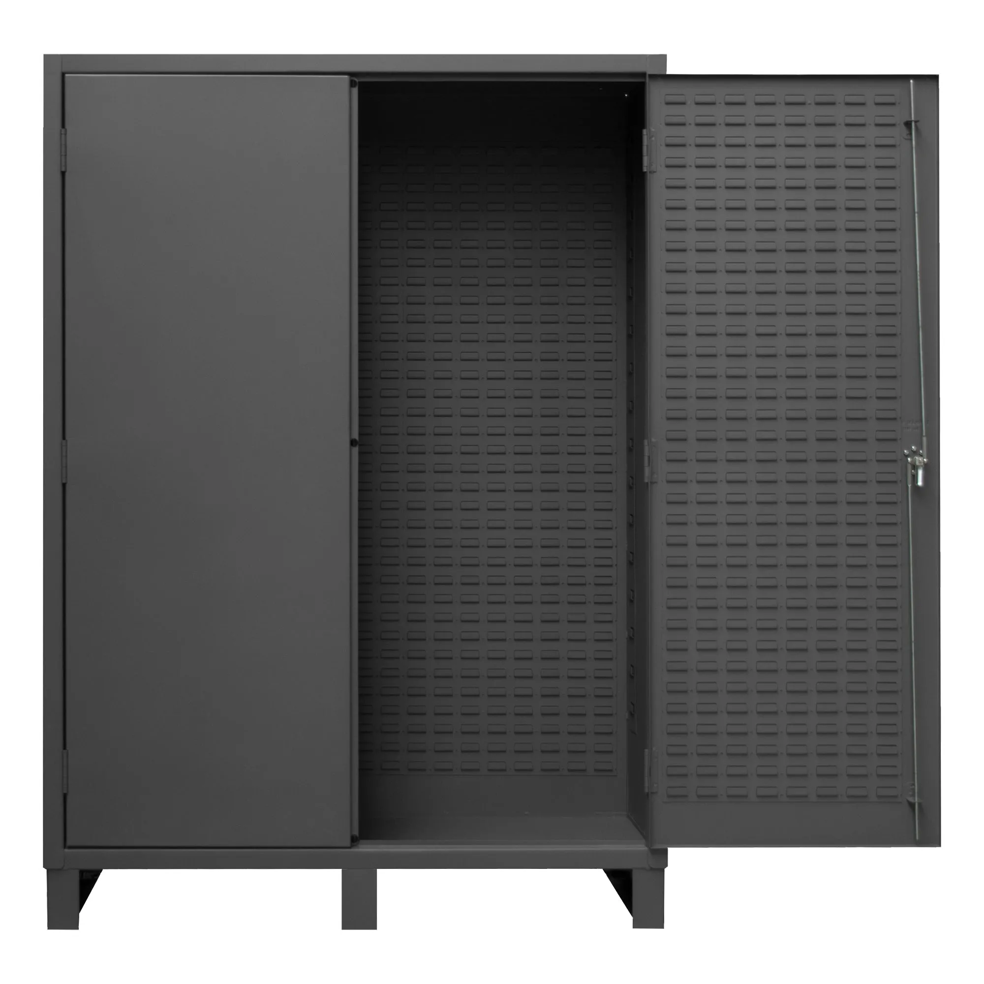 Durham Heavy Duty Cabinet, 14 Gauge, 60 x 24 x 84, Flush Doors with Louvered Panel, Cast Iron Pad-lockable Handle, Gray