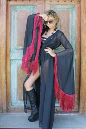 Five and Diamond Morticia Robe - red fringe