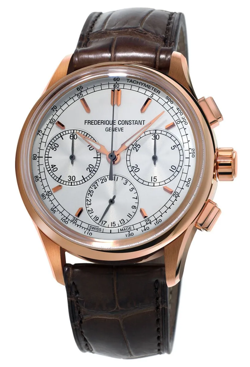 Frederique Constant Flyback Chronograph Manufacture Rose Gold Tone Steel Silver Dial Brown Leather Strap Automatic Mens Watch FC-760V4H4