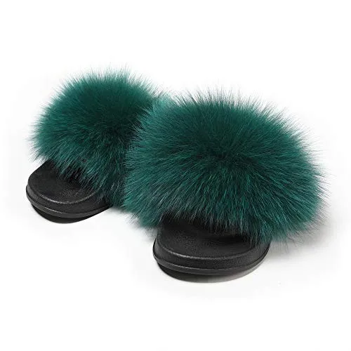 Fur Story Ladies Fox Fur Outdoor Fluffy Slippers