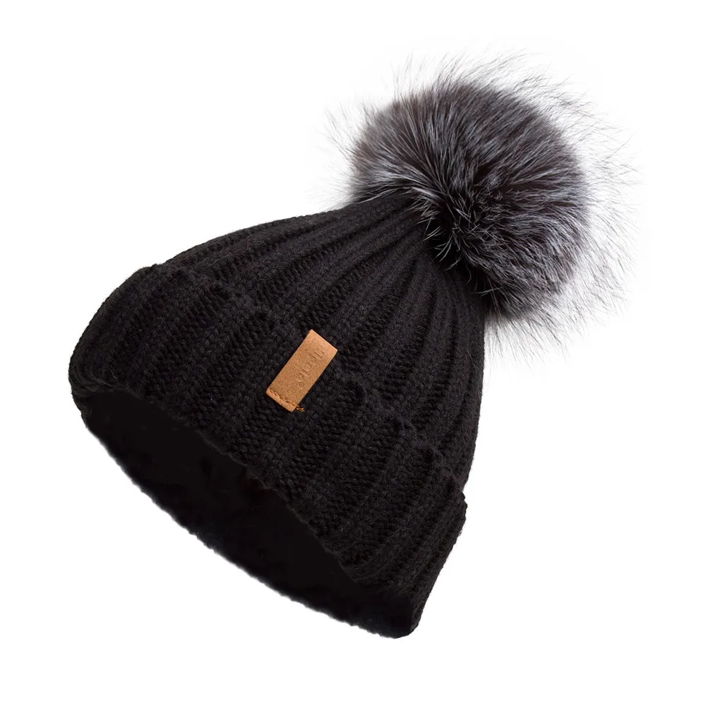 Knitted Beanie Hat with Fur Pom