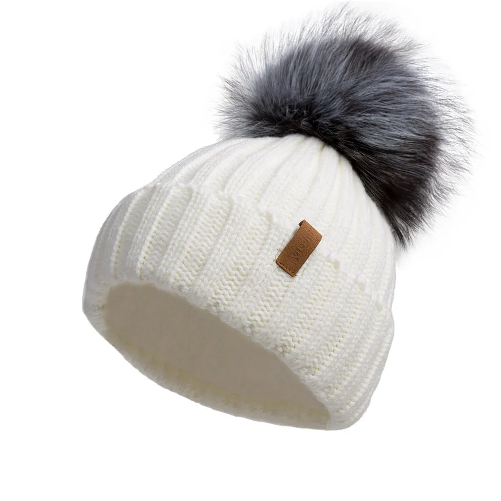 Knitted Beanie Hat with Fur Pom