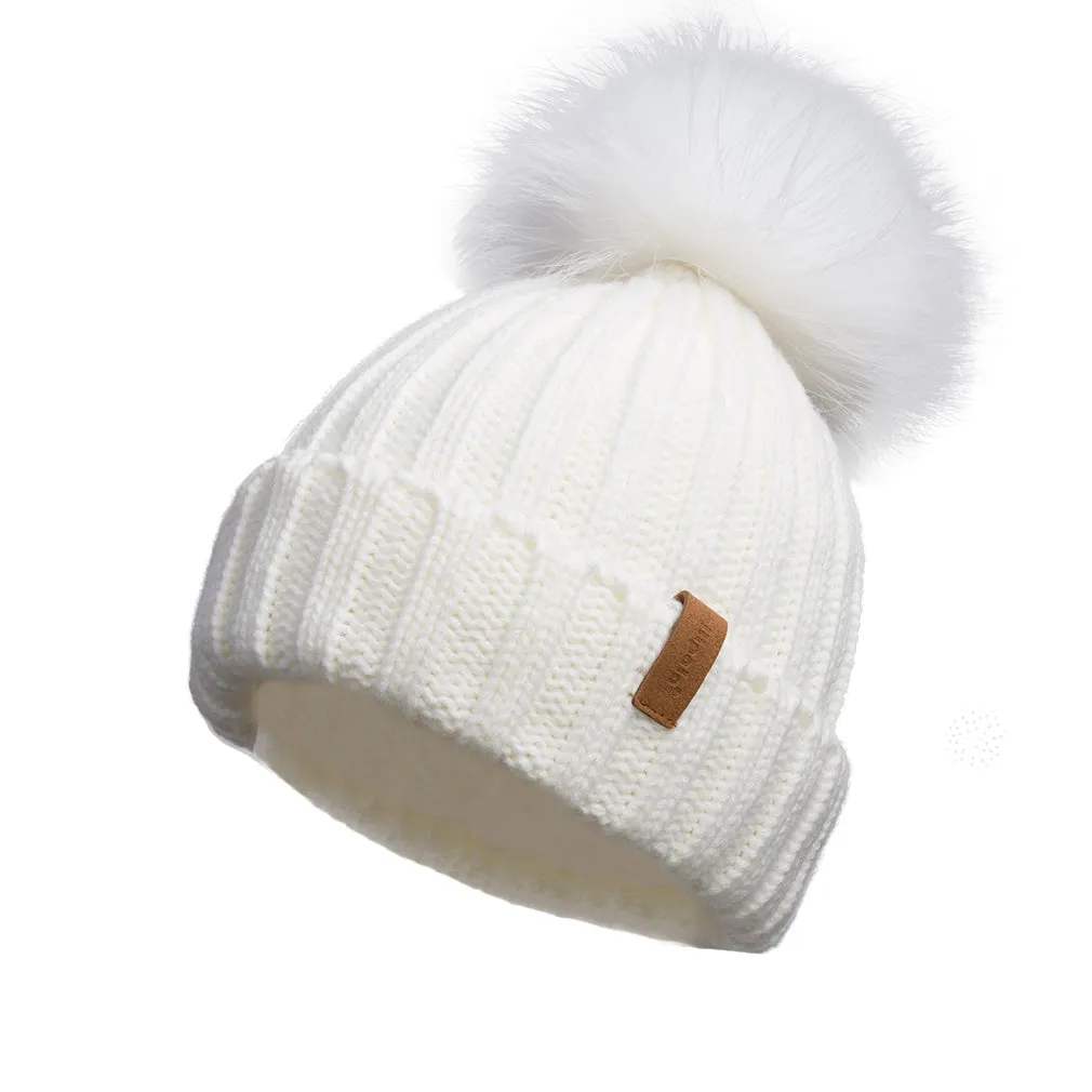 Knitted Beanie Hat with Fur Pom