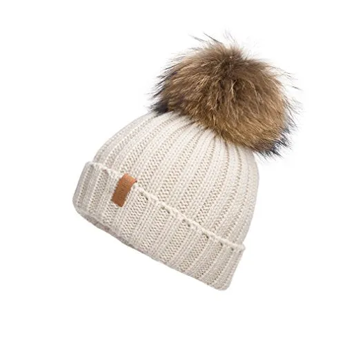 Knitted Beanie Hat with Fur Pom