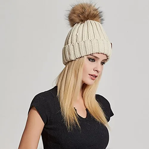 Knitted Beanie Hat with Fur Pom