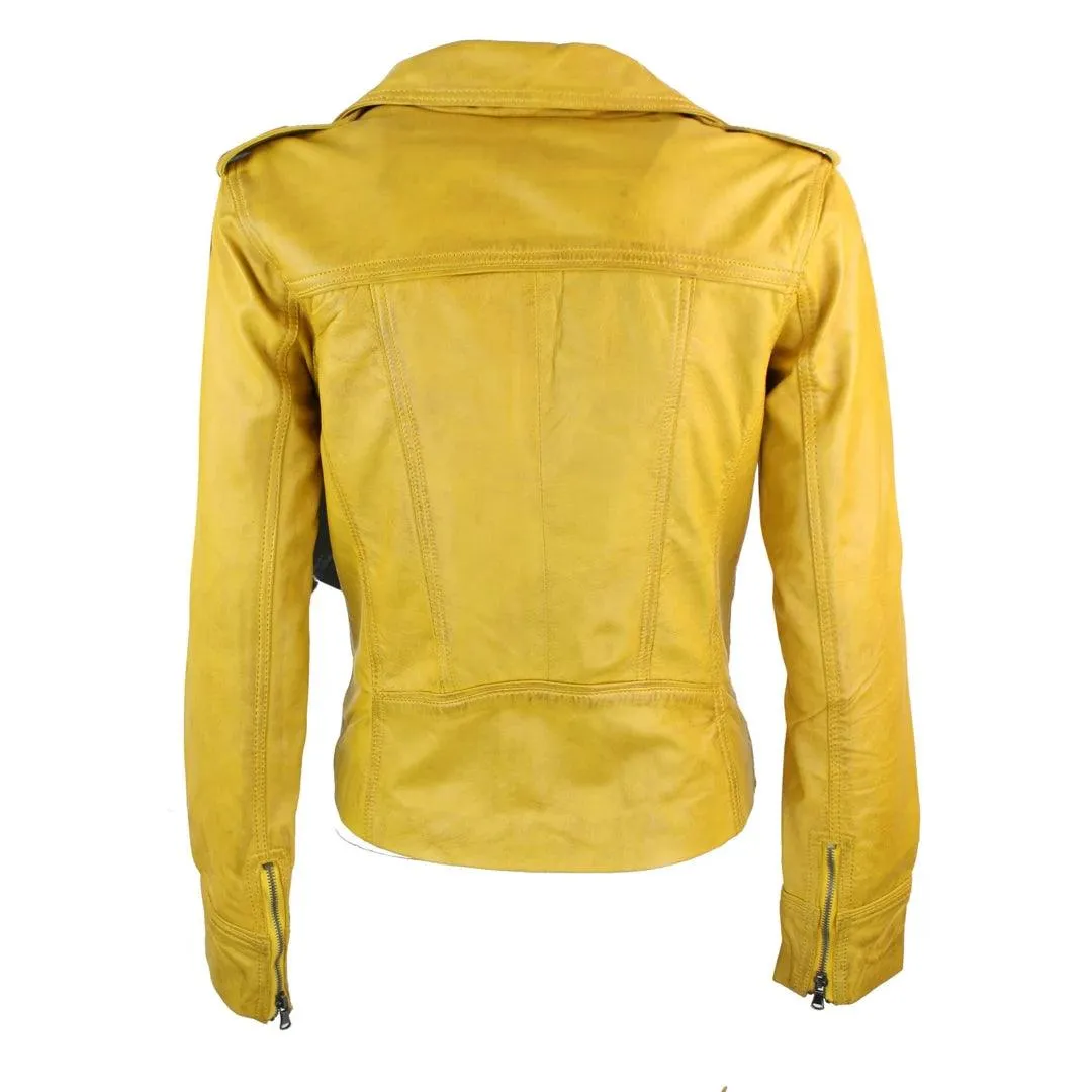 Ladies Real Leather Yellow Biker Style Fashion Jacket Size UK 6-18