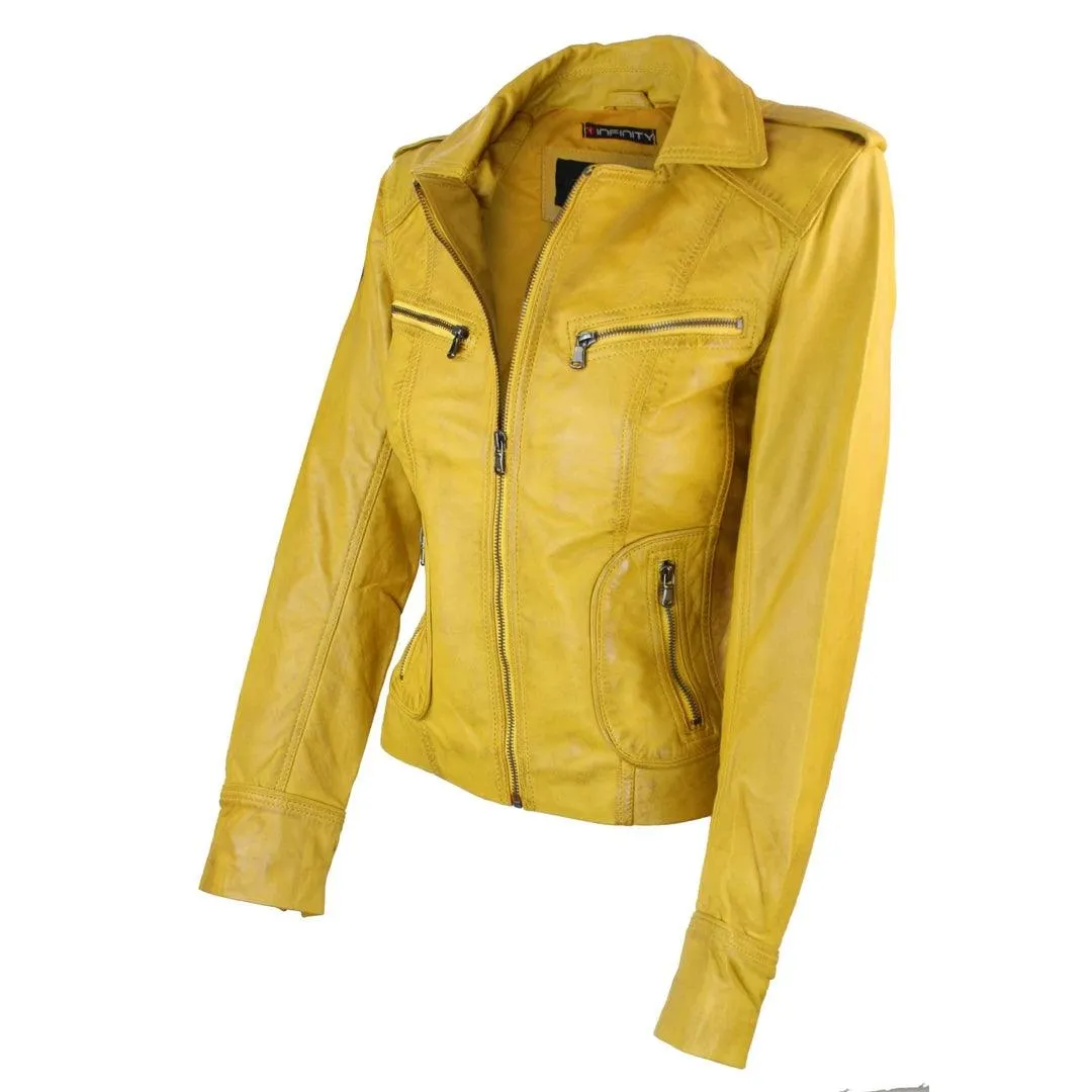 Ladies Real Leather Yellow Biker Style Fashion Jacket Size UK 6-18