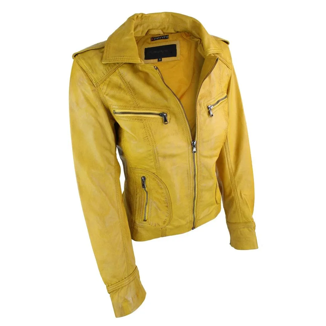 Ladies Real Leather Yellow Biker Style Fashion Jacket Size UK 6-18