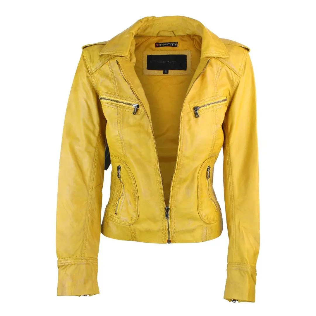 Ladies Real Leather Yellow Biker Style Fashion Jacket Size UK 6-18