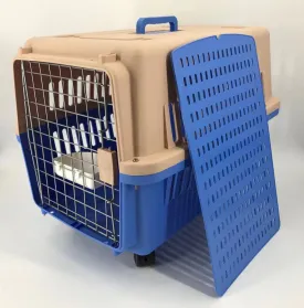 Lightweight Blue Large Pet Carrier Crate with Wheels & Bowl