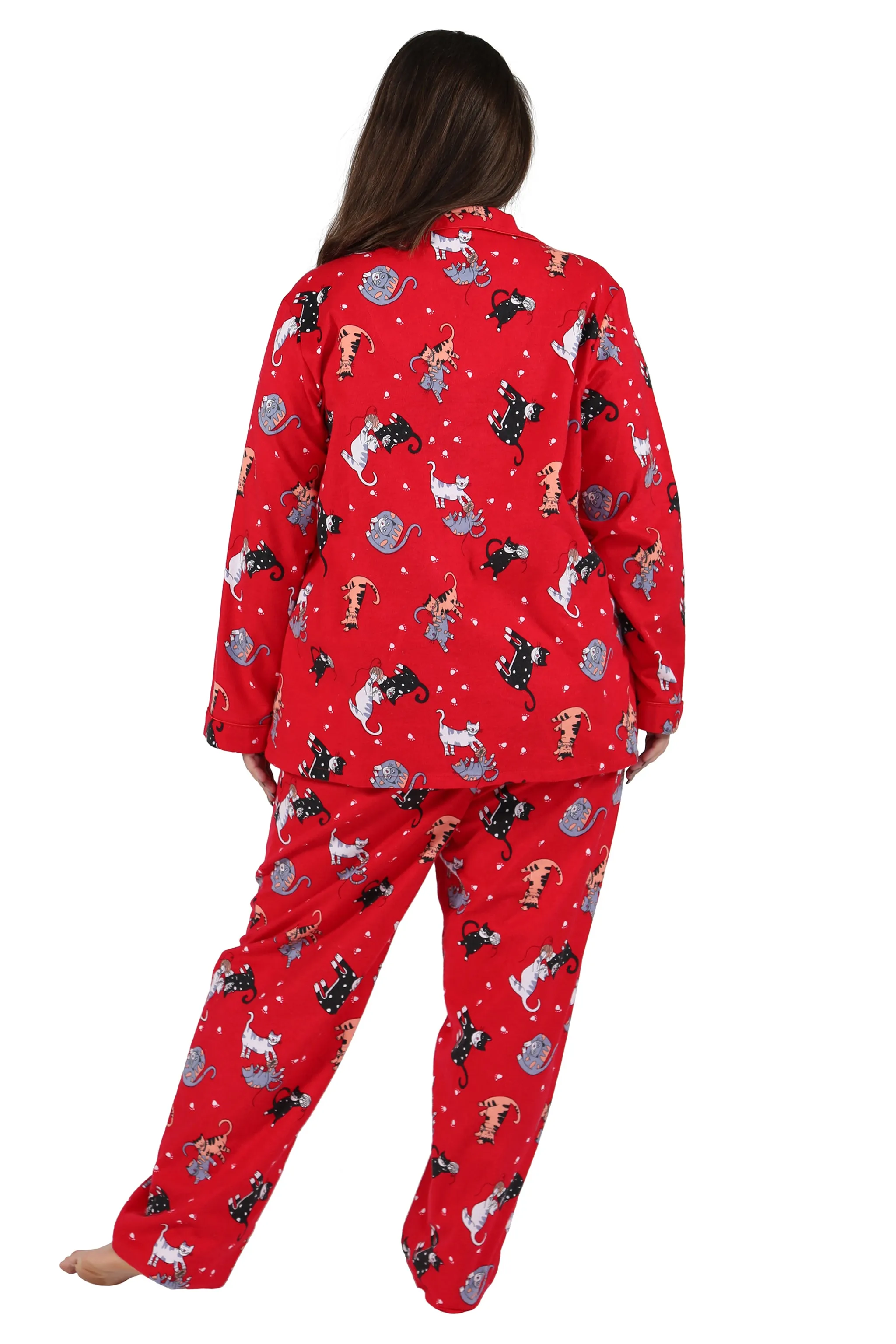 Red Flannel Cat Print Plus Size Pajama Set