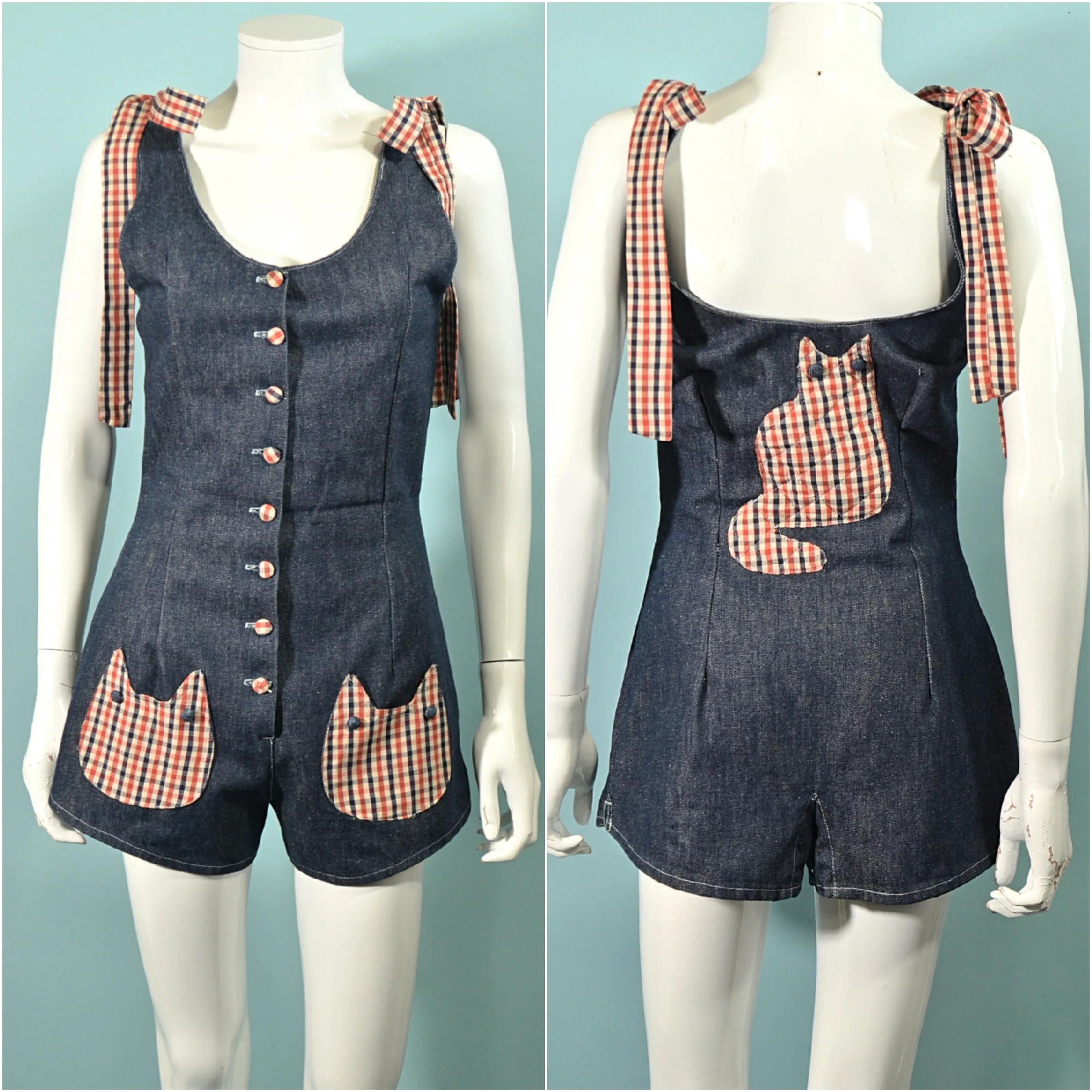 SOLD Vintage 60s/70s Denim Romper Cat Applique S